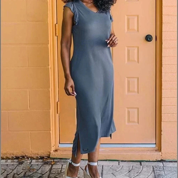 Matilda Jane Far Away Flutter Sleeve Blue-Gray Midi Sheath Dress Size Small NWT - Picture 2 of 16